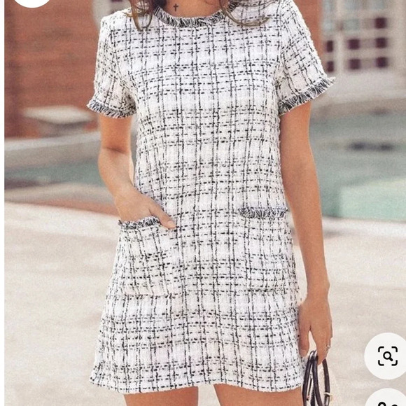 SHEIN FRAYED EDGE POCKET PRONT TWEED GREY/WHITE MINI DRESS MEDIUM - Picture 1 of 16